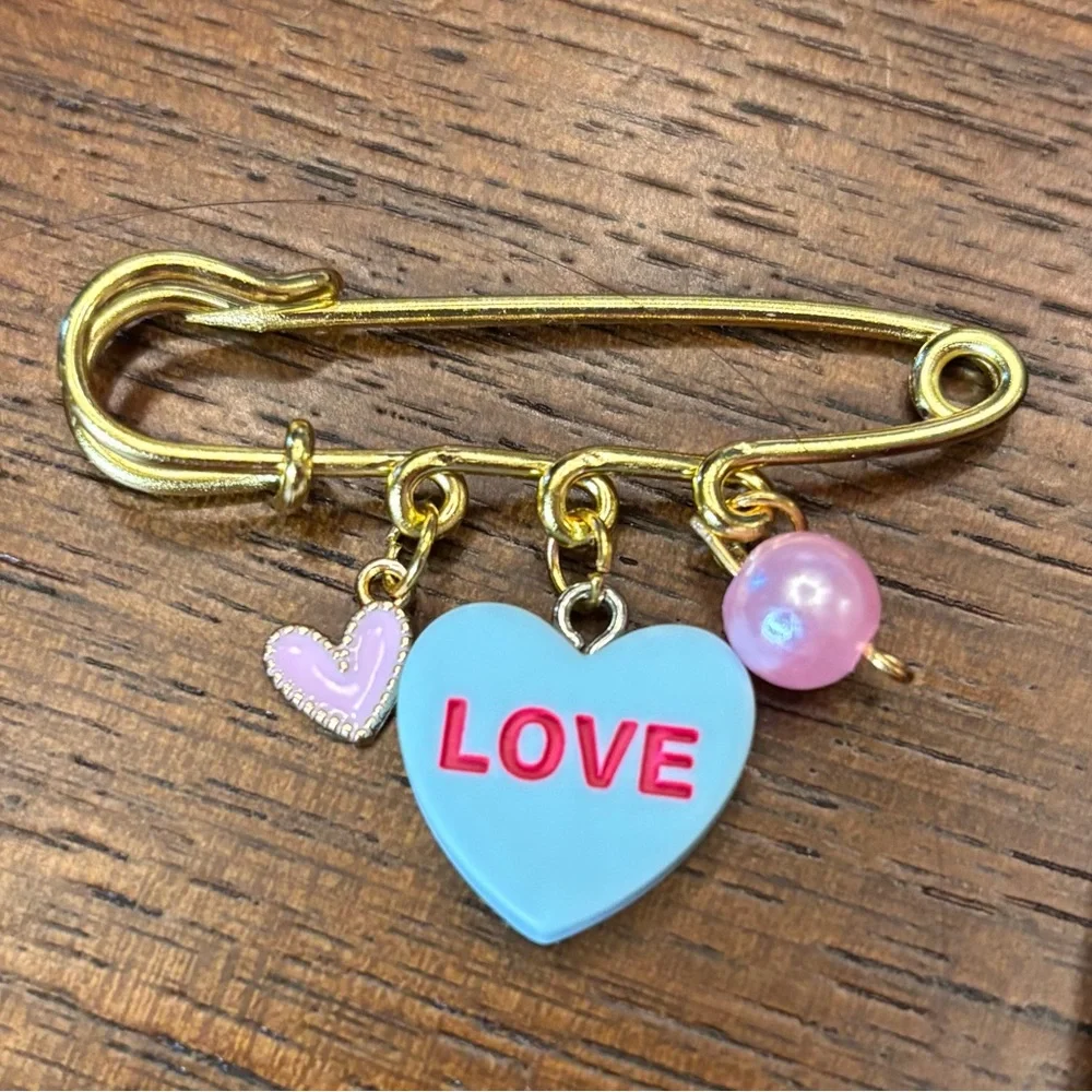 New Gold Love Heart Brooch with Pink Accents